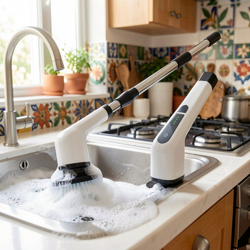 Cepillo eléctrico limpiando baldosas del baño